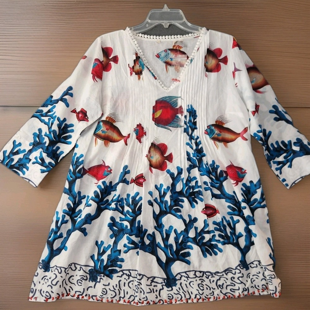Soft Surroundings Beach Cover Up Sz PL Blouse Seychelles Tunic Top Fish Coastal - Picture 1 of 11